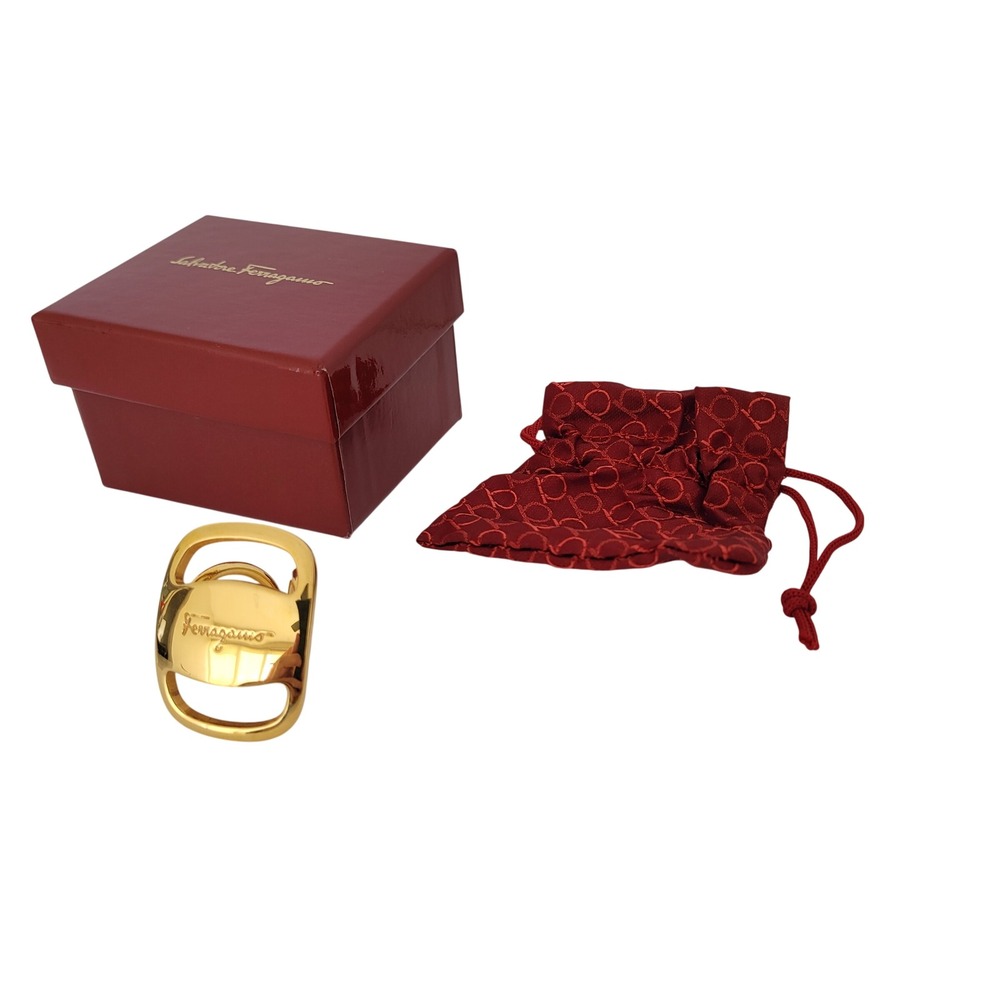 Salvatore Ferragamo Gold Scarf Ring Logo Engraved Made in Italy with Box & Pouch